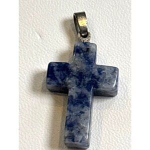 Blue Stone Cross Pendant 18KGF Silver Tone Jewelry